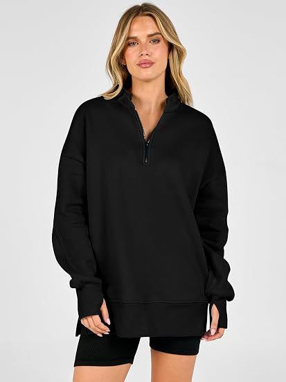 Oversized Half Zip Sweatshirt Side Slit Pullover Tunic