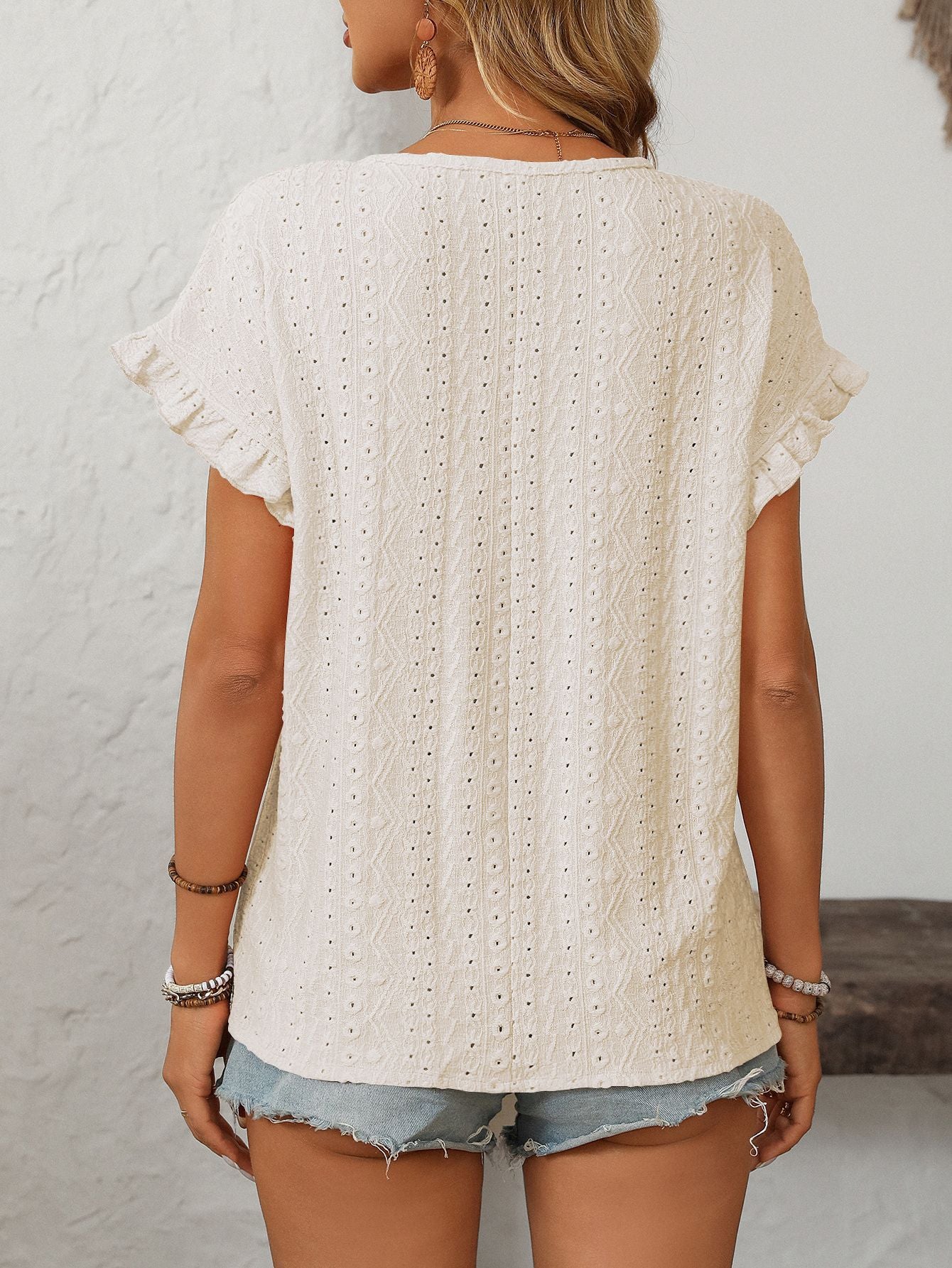 Women’s Eyelet Knit Crewneck Ruffle Sleeve Summer Top