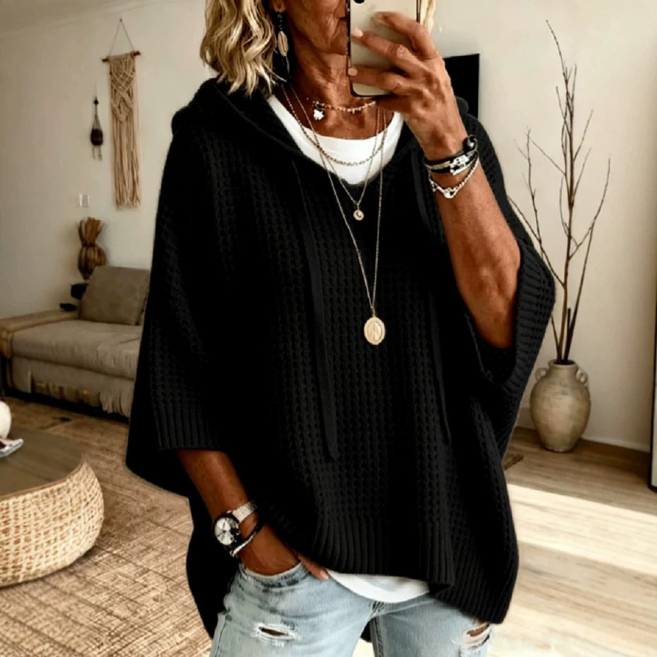 Oversized Hooded Textured Knit Pullover Sweater
