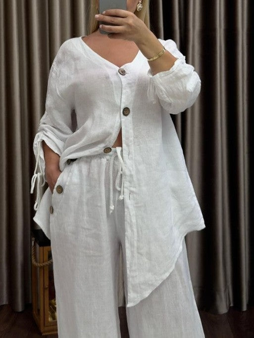 Women's Linen Two Piece Cardigan Wide Leg Pants Set