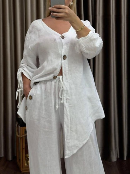 Women's Linen Two Piece Cardigan Wide Leg Pants Set