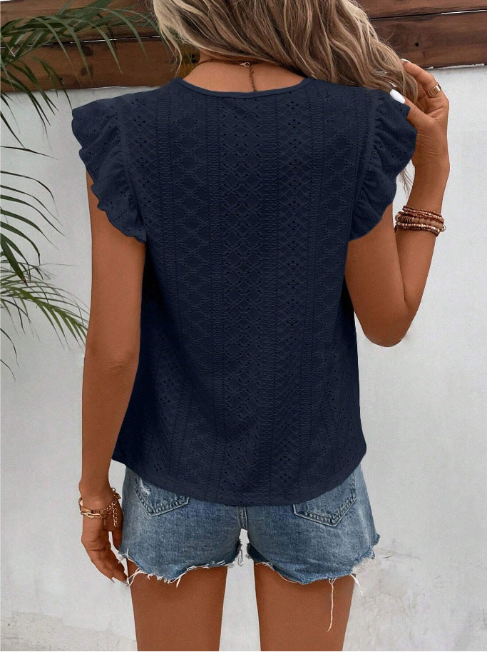 White Eyelet Lace Ruffle Sleeve Summer Blouse Women
