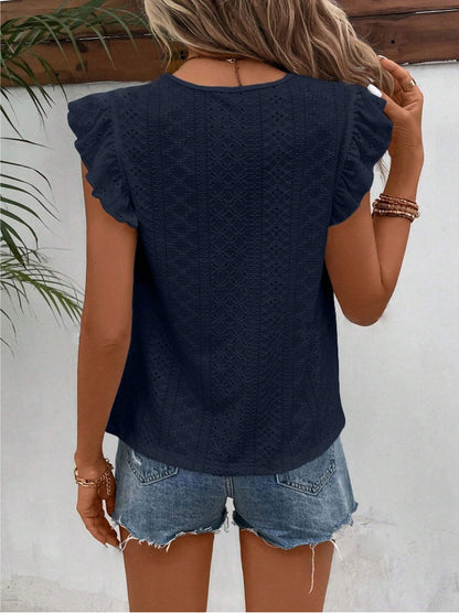 White Eyelet Lace Ruffle Sleeve Summer Blouse Women