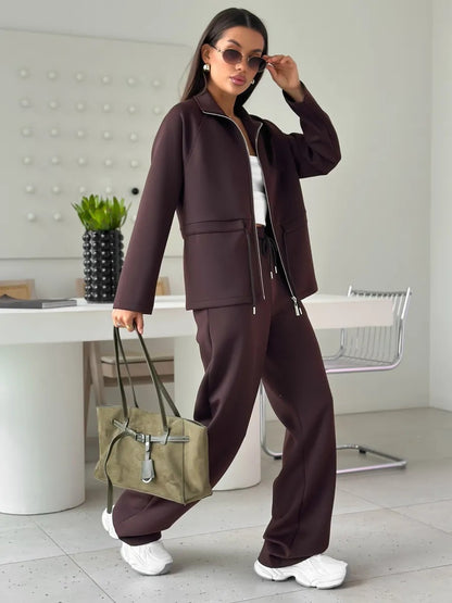 Women's Zip Up Drawstring Jacket Wide Leg Pants Set