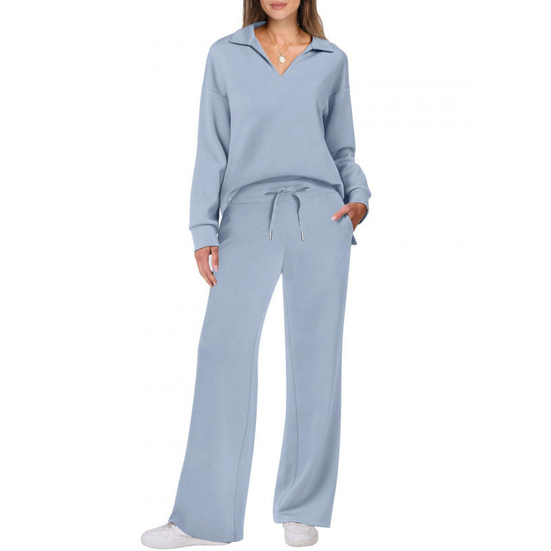 Women's 2-Piece Set Collared Top Drawstring Wide Leg Pants