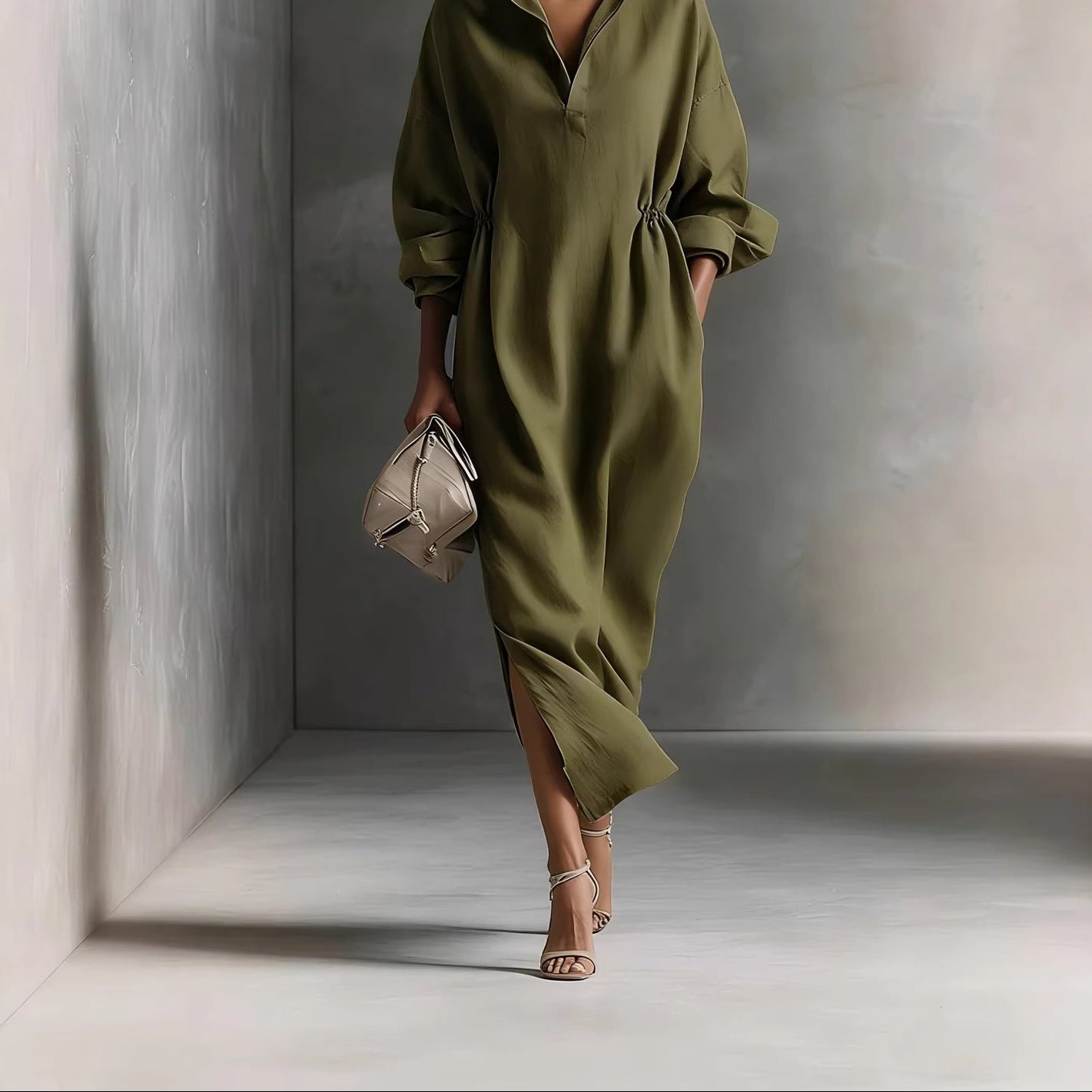 Women's Collared Long Sleeve Slit Maxi Shirt Dress