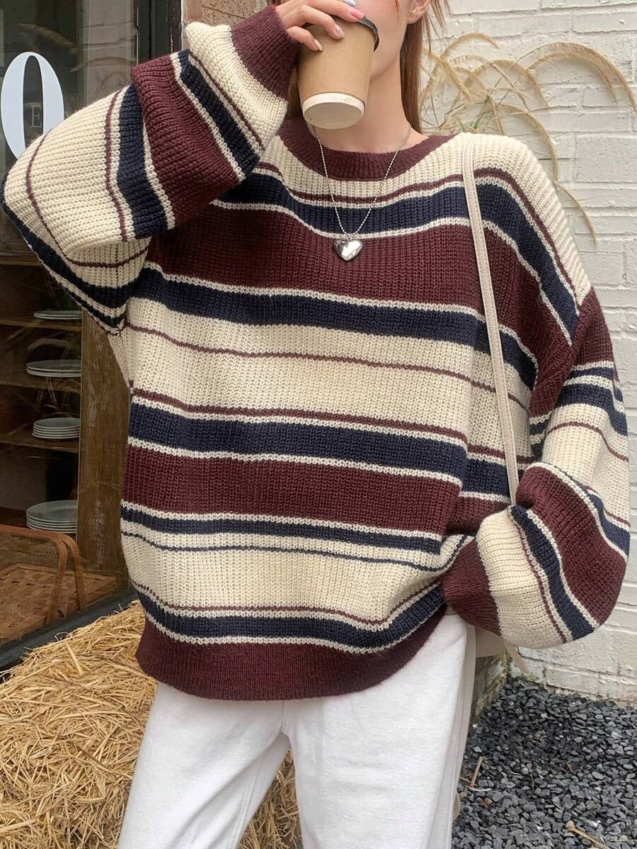 Women's Oversized Striped Color Block Crewneck Sweater