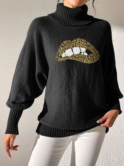 Ladies Bottom Shirt Sequin Embroidered Lip Turtleneck