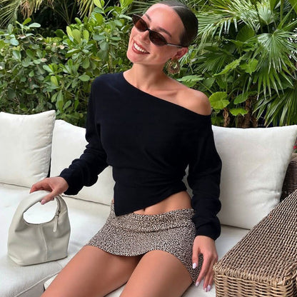 One Shoulder Side Slit Long Sleeve Fitted Top