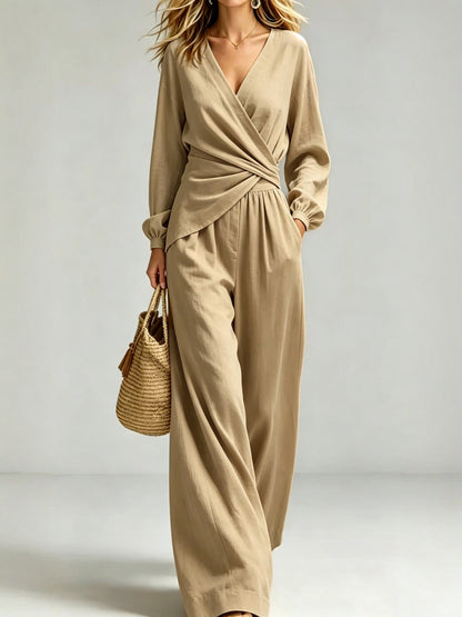 V Neck Wrap Top Wide Leg Pants Two Piece Set