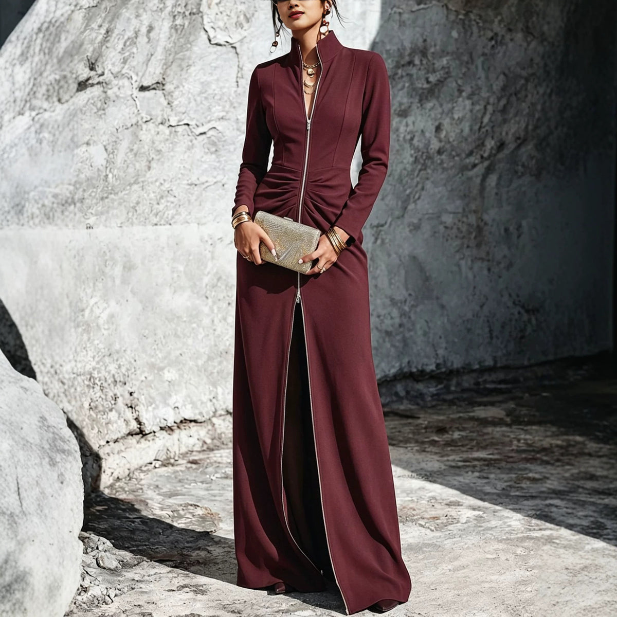Ruched High Neck Zip Front Maxi Dress Bodycon Long Sleeve