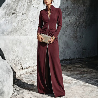 Ruched High Neck Zip Front Maxi Dress Bodycon Long Sleeve