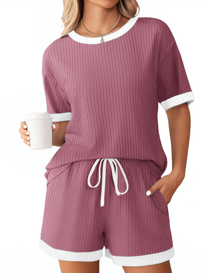 Ribbed Colorblock Lounge Shorts Set Summer Pajama