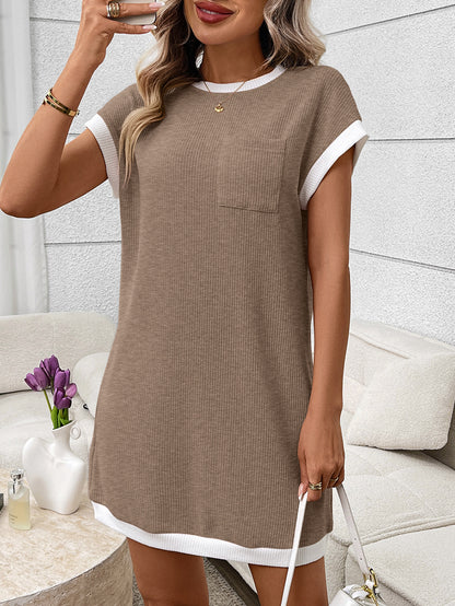 Navy Contrast Trim Pocket T Shirt Dress Casual Shift