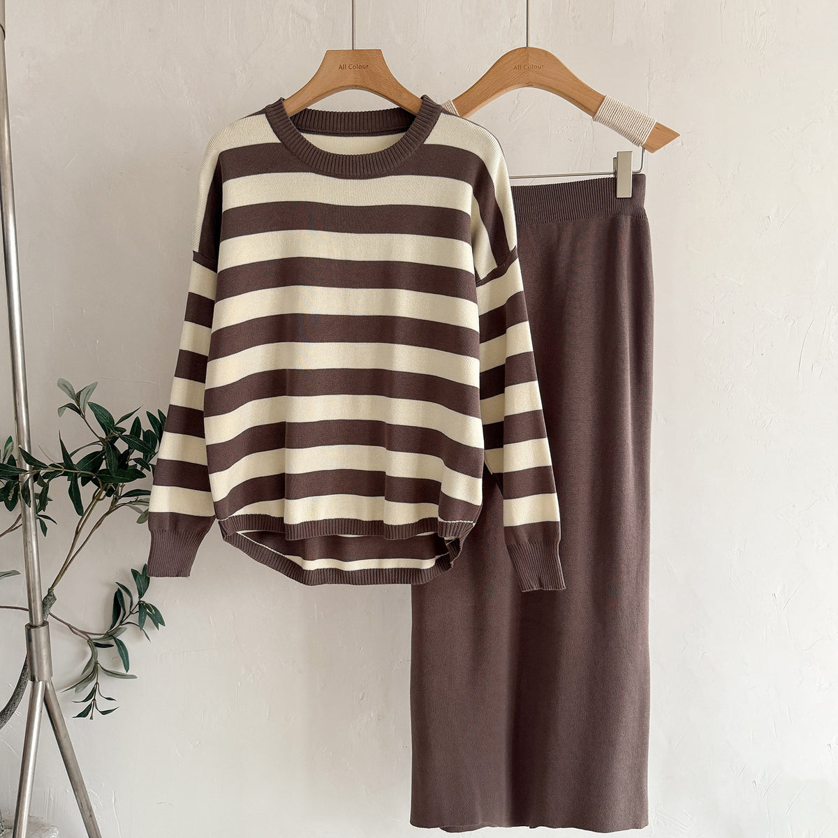 Striped Sweater & Midi Skirt Knit Matching Set