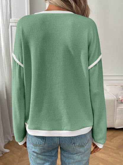 Green Contrast Trim Waffle Knit Long Sleeve Pullover Top