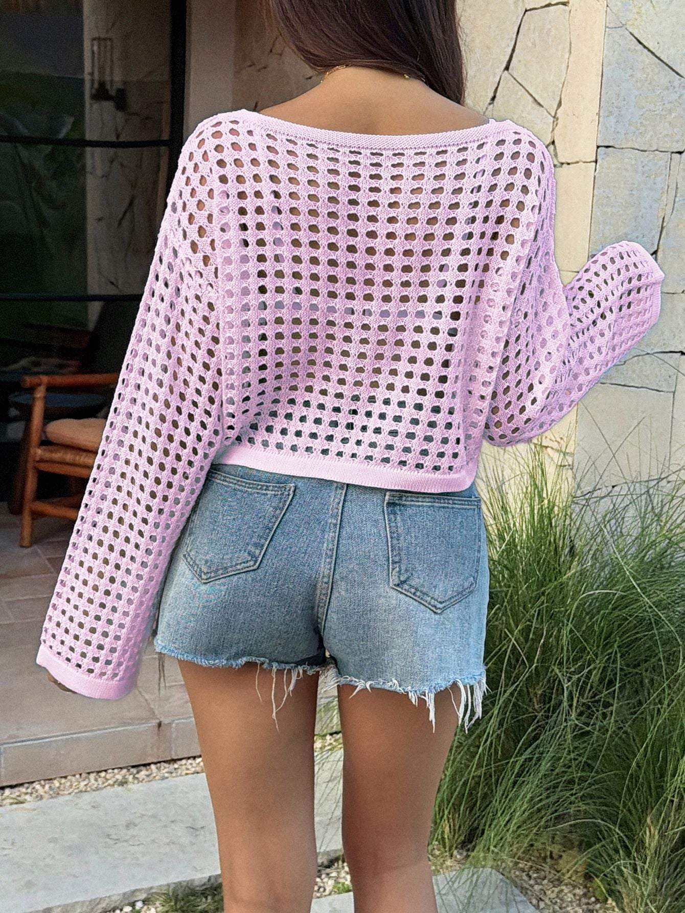 Crochet Mesh Knit Crop Top Long Sleeve Beach Cover Up