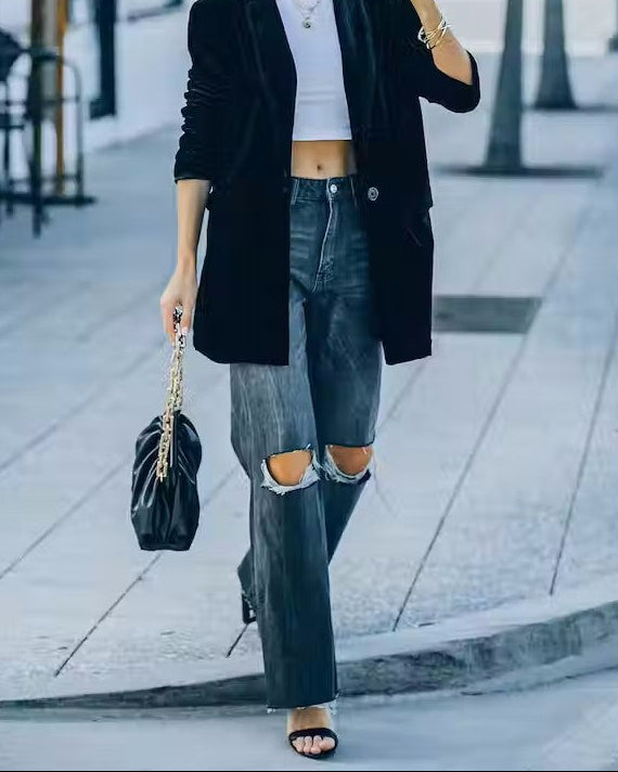 Women's Velvet Blazer Long Sleeve Button Front Jacket