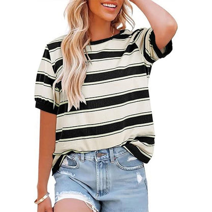 Women Striped Color Block Tee Casual Loose Fit Summer Top