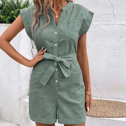 Striped Button Front Romper with Belt Casual Summer Outfit