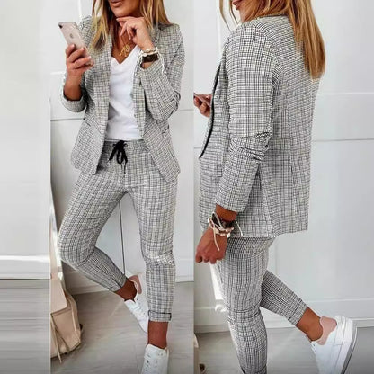 Women's Plaid Blazer Pants Set Casual Two Piece Suit