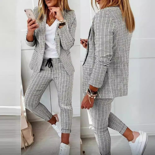 Women's Plaid Blazer Pants Set Casual Two Piece Suit