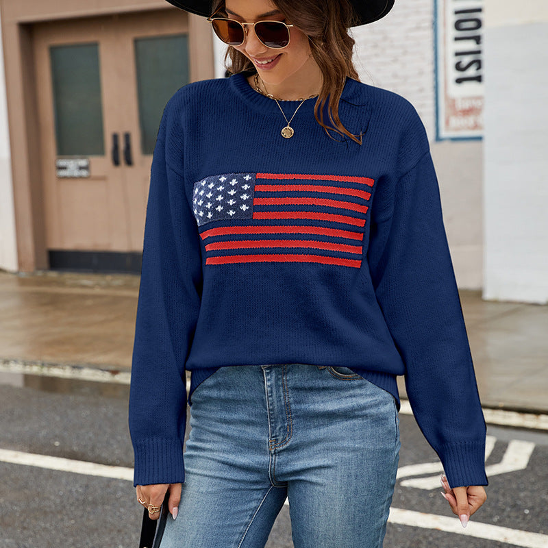 USA Flag Knit Sweater Patriotic Pullover for Women