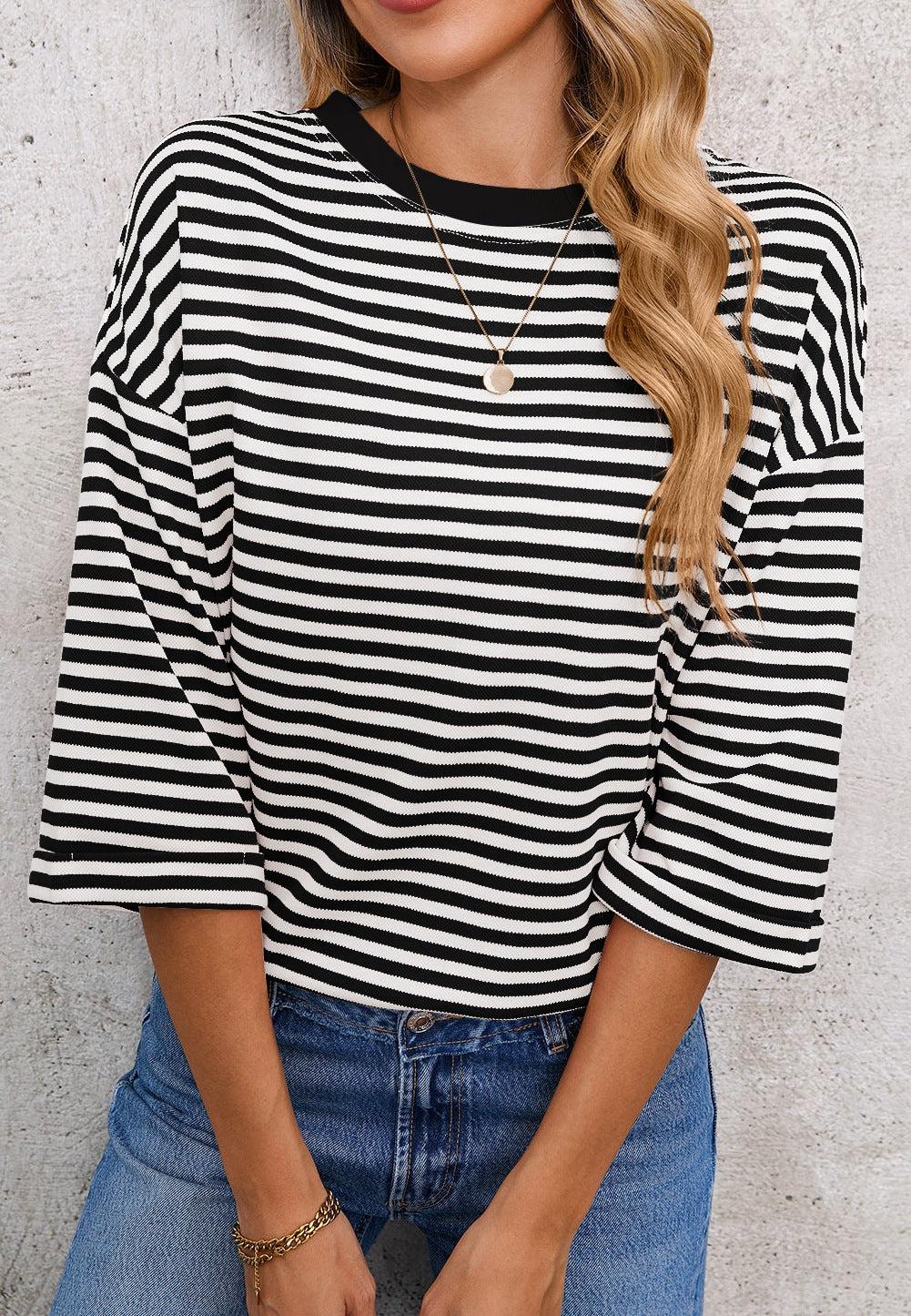 Blue Striped Knit Back Bow Open Back Top Women