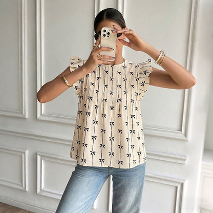 Bow Print Ruffle Sleeve Blouse Vintage Floral Casual Top