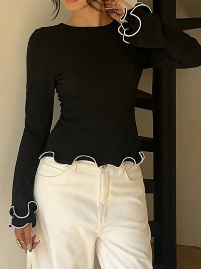 Women's Ribbed Tie Front Top Contrast Ruffle Long Sleeve