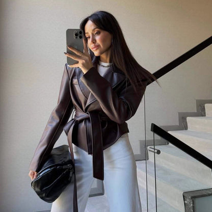 Belted Faux Leather Jacket Women Moto Blazer