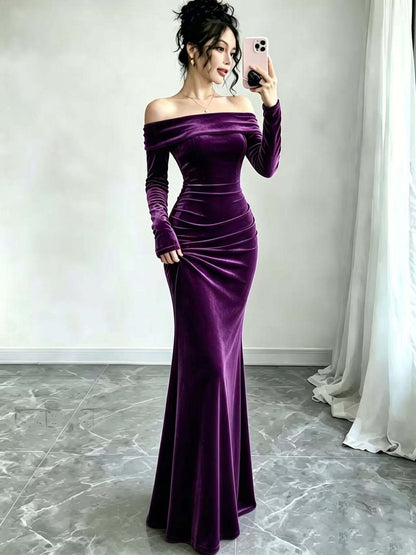 Velvet Off Shoulder Bodycon Maxi Dress Long Sleeve