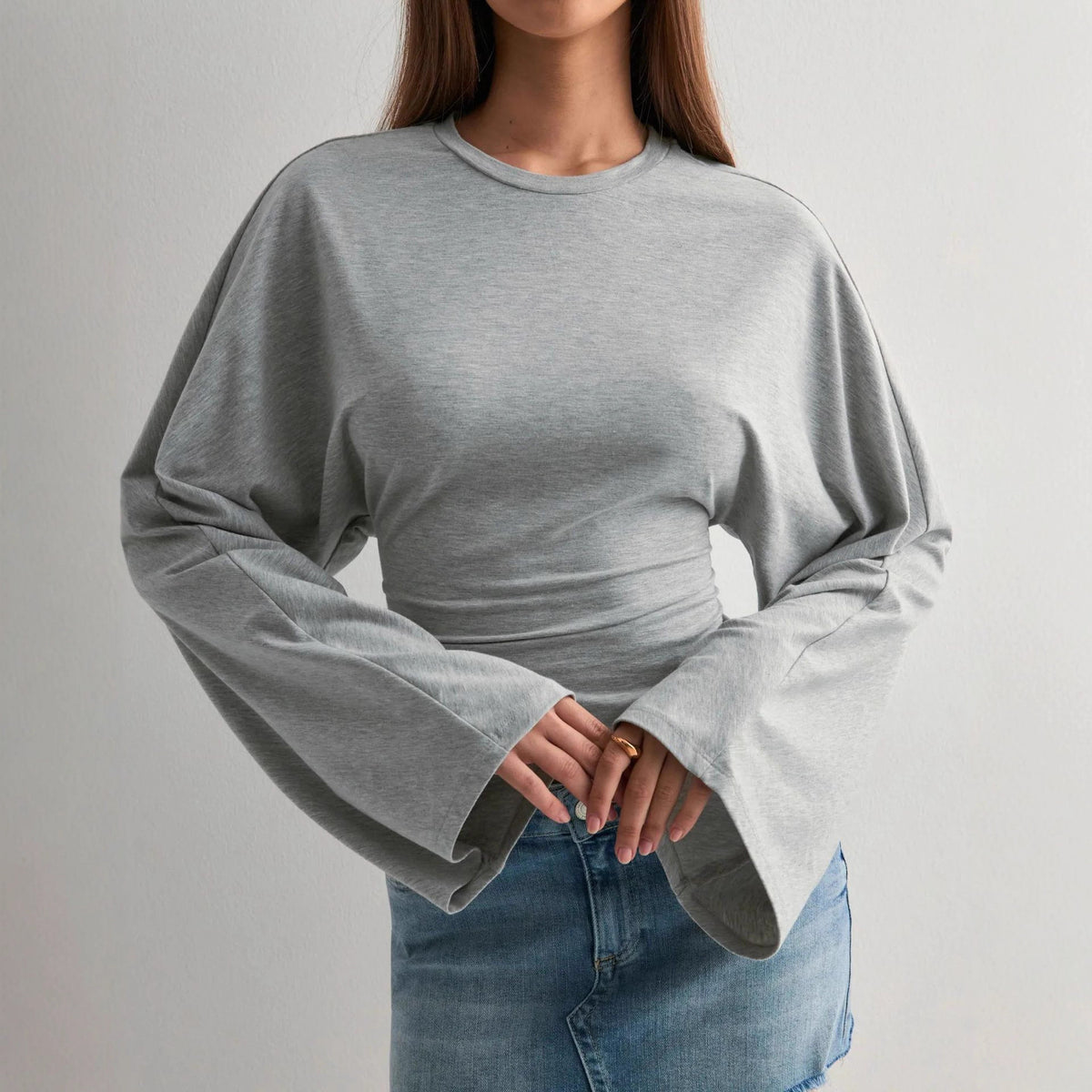 Women's Batwing Long Sleeve Cinched Waist Crew Neck Top