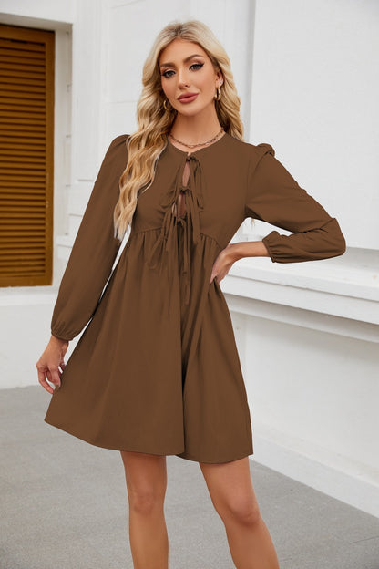 Bow Tie Long Sleeve Babydoll Dress with A-Line Silhouette