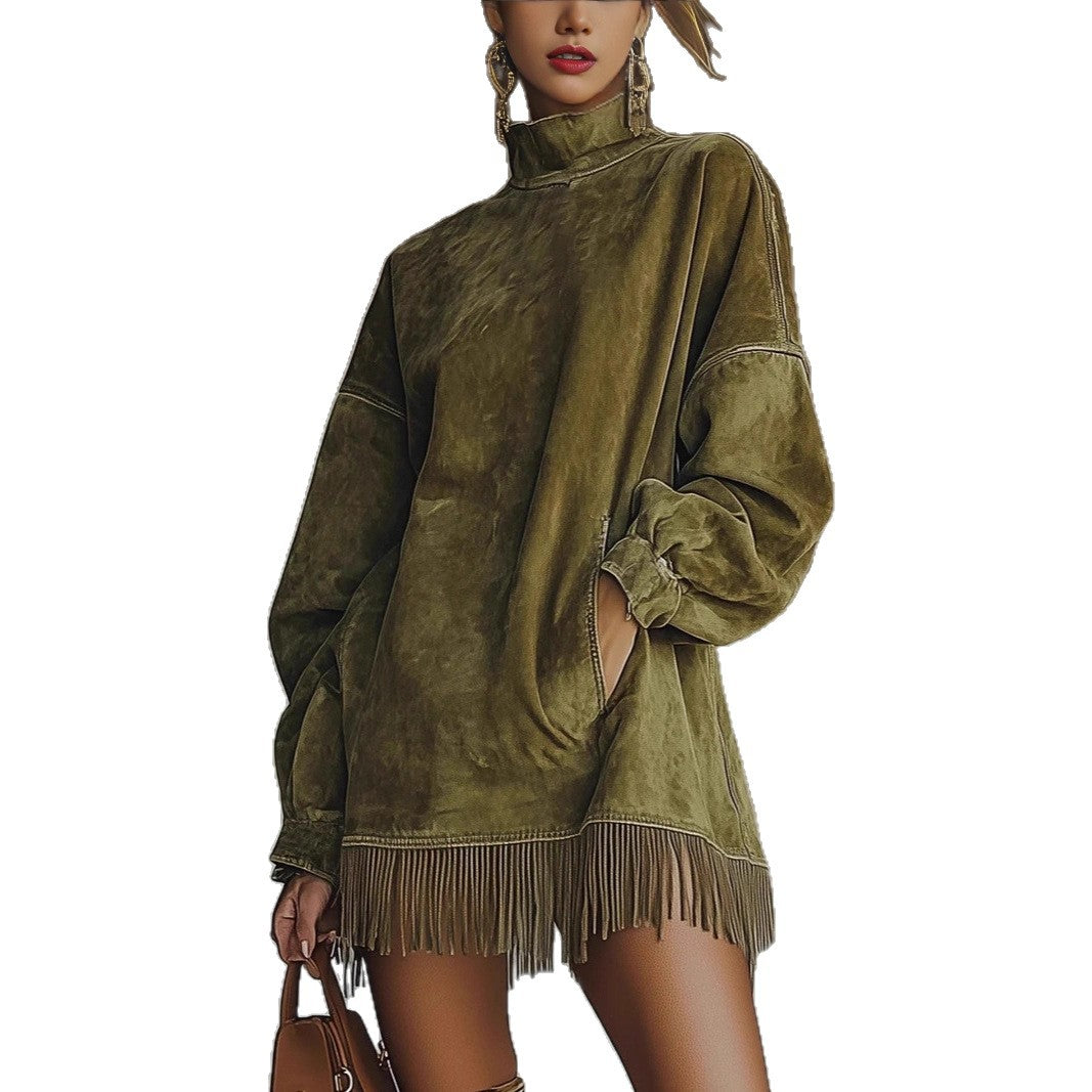 Faux Suede Fringe Dress Mock Neck Long Sleeve Pockets