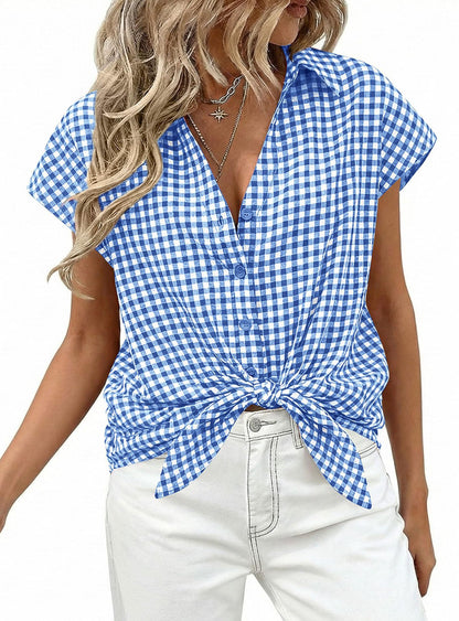 Gingham Button Down Short Sleeve Loose Fit Blouse