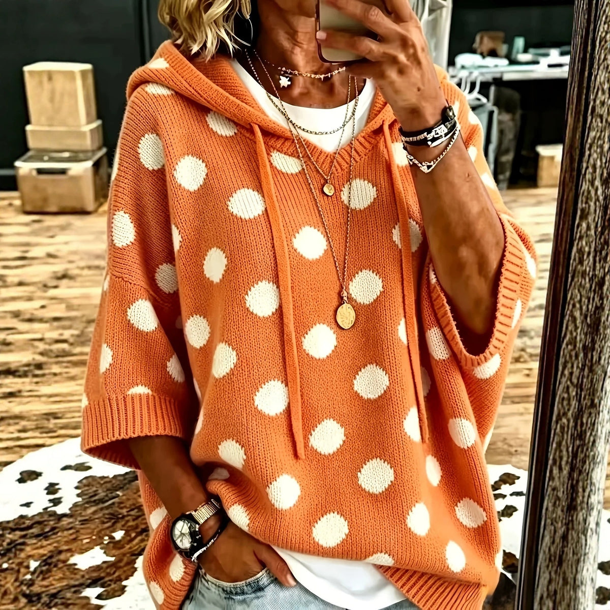 Women's Polka Dot Hooded Knit Sweater Oversized 3/4 Sleeve