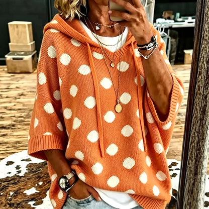 Women's Polka Dot Hooded Knit Sweater Oversized 3/4 Sleeve