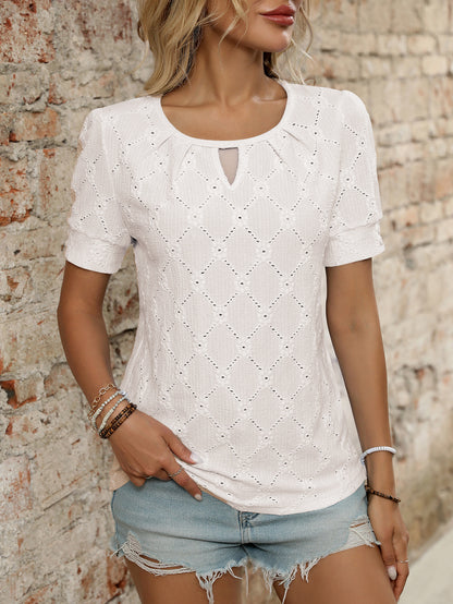 Light Blue Textured Knit Short Sleeve Button Neck Top