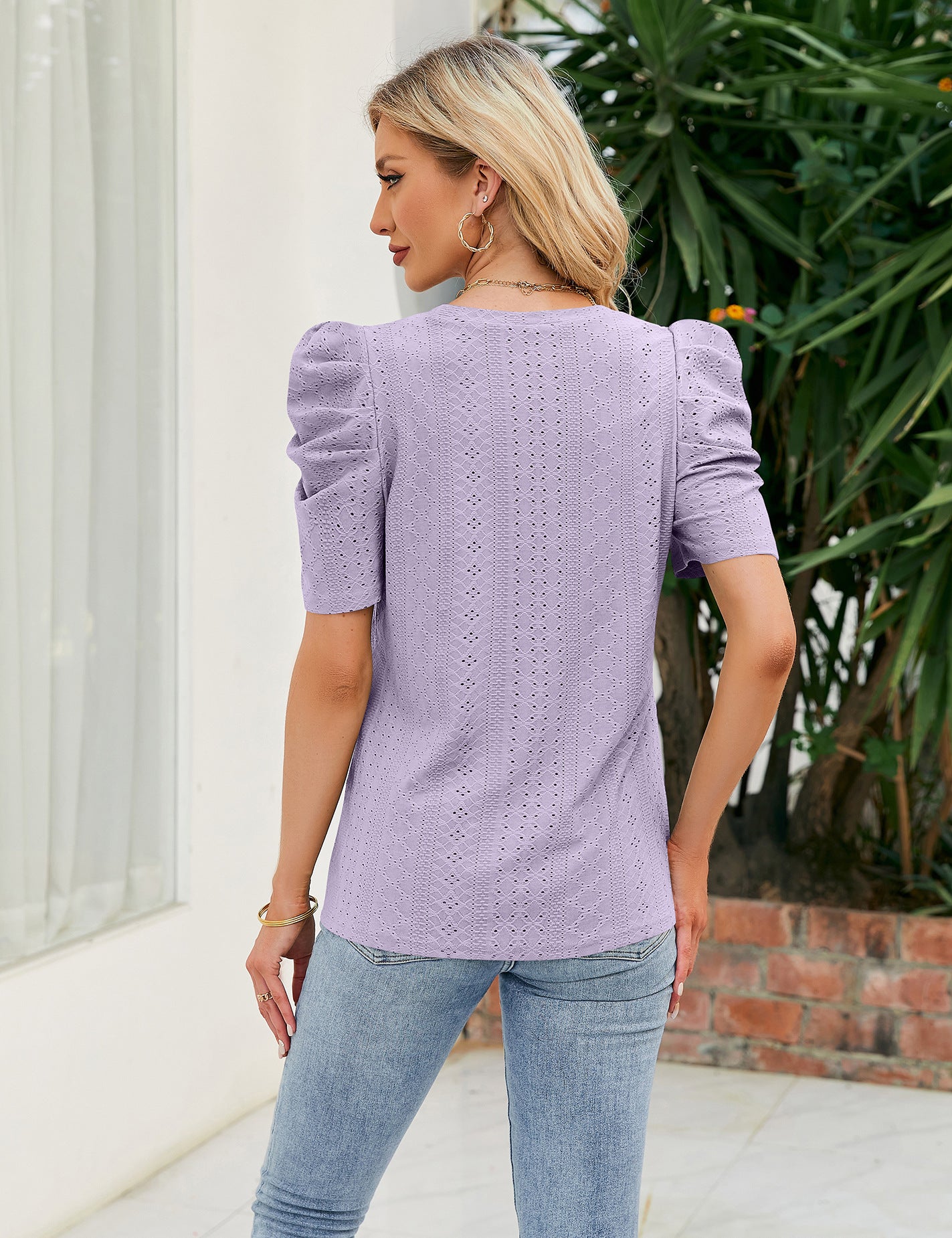 Loose Fit Ruched Sleeve Lace Knit T-Shirt for Women
