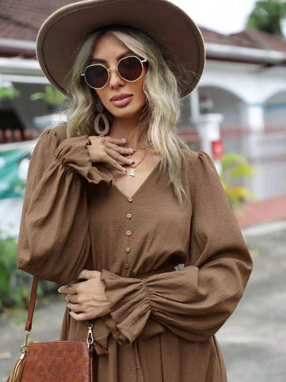 Women's Long Sleeve V Neck Button Up Tie Waist Midi Dress