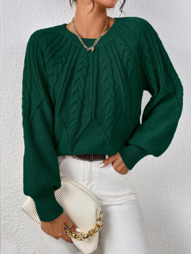 Women's Cable Knit Balloon Sleeve Crew Neck Sweater