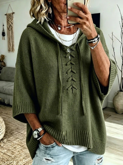 Oversized Hooded Knit Sweater Lace Up Front