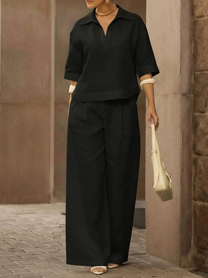 Women Oversized Collared Top Wide Leg Pants Matching Set