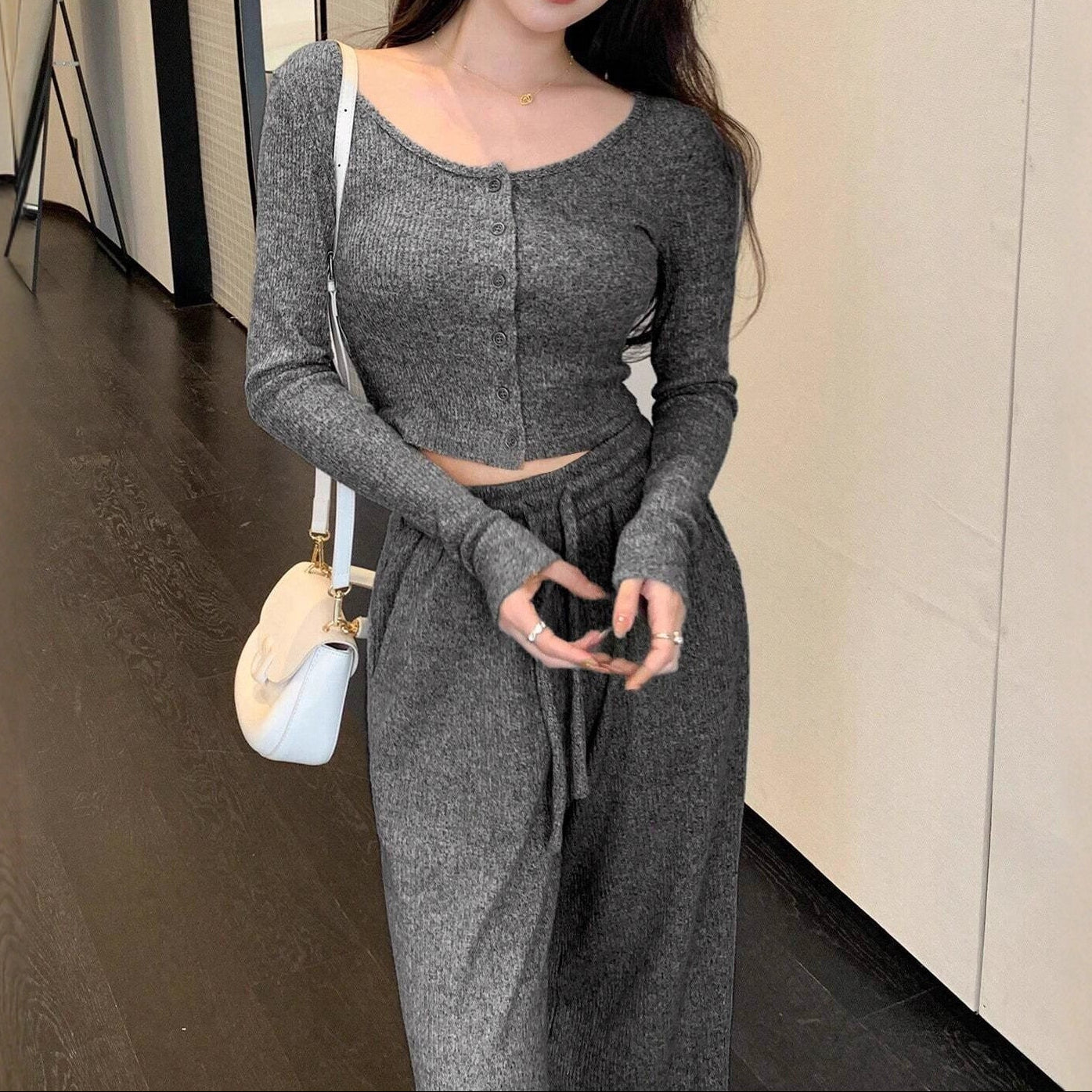 Women's Ribbed Knit Two Piece Wide Leg Pants Set