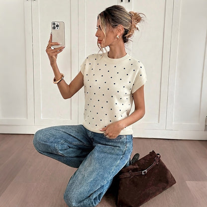 Women's Casual Polka Dot Crew Neck Short Sleeve Knit Top