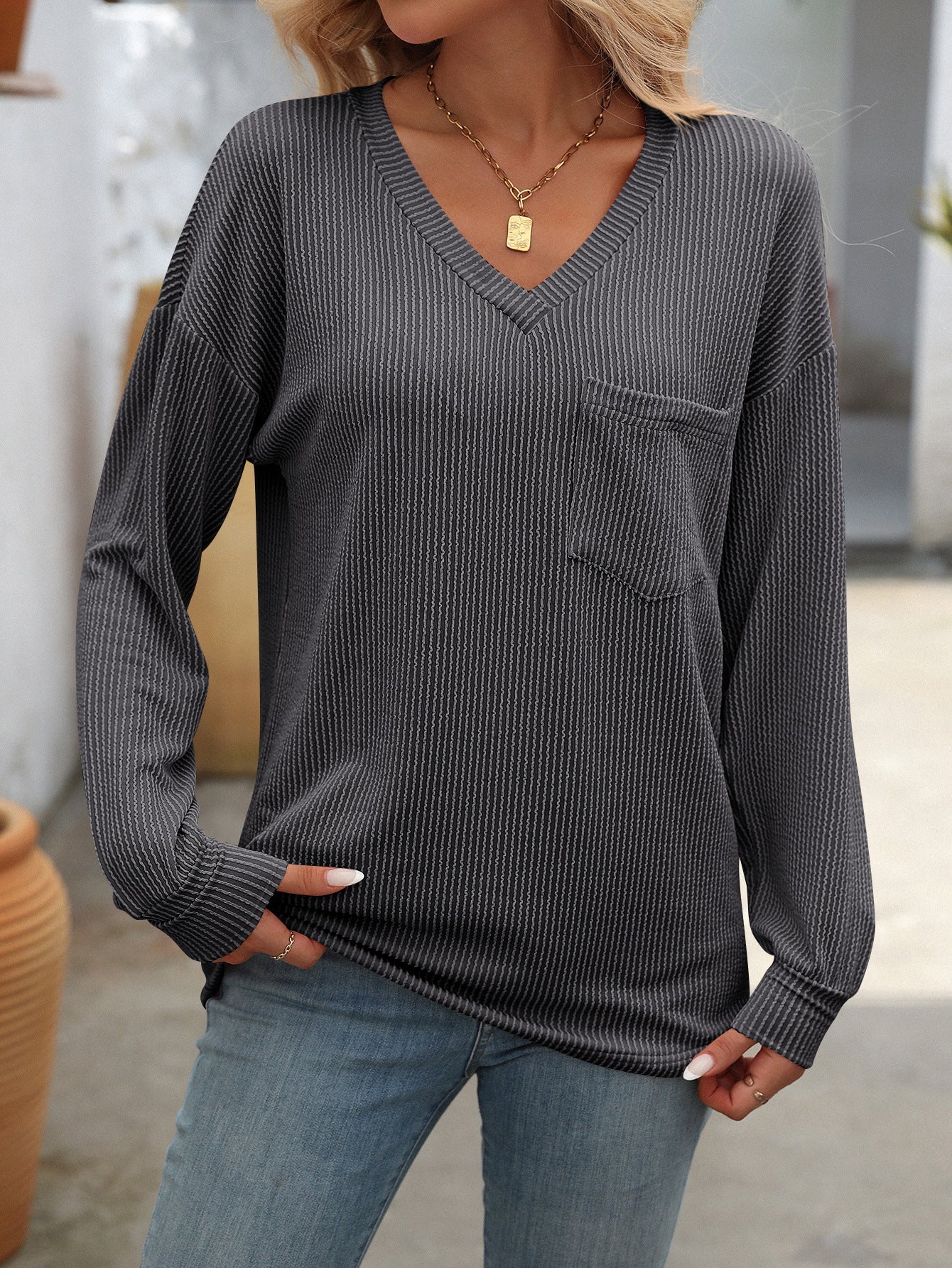 Colorblock V-Neck Loose T-Shirt Casual Style for Summer