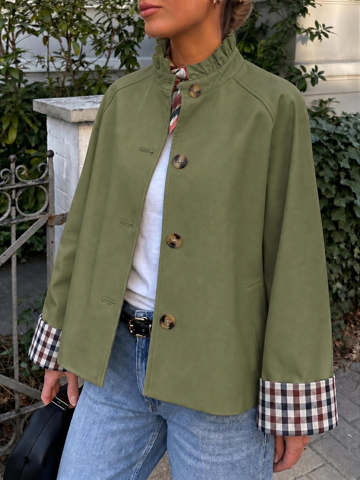 Women's Ruffle Stand Collar Button Front Jacket