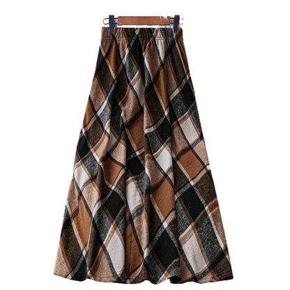 Vintage Plaid High Waist A-Line Midi Skirt Elastic Waist