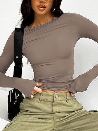 Women's Fitted Long Sleeve Crop Top Round Neck Basic Tee